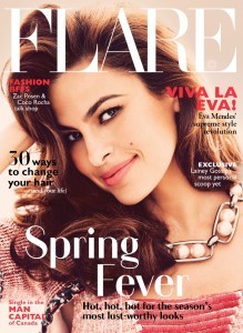 CELEBRITIES IN PEARLS: Eva Mendes on Cover of Flare Magazine Wearing Pearls (May 2014)